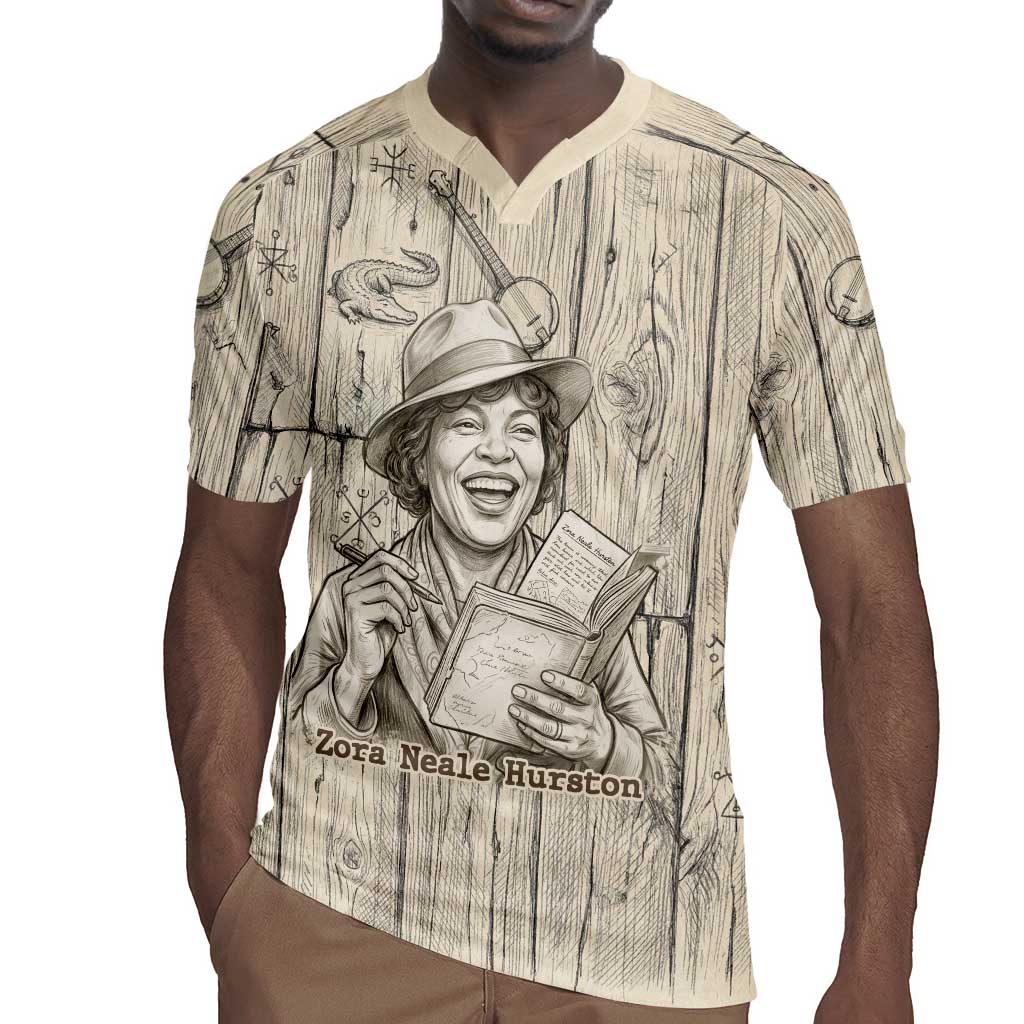 Zora Neale Hurston Rugby Jersey Rustic Wood Engraved Style Illustration Joyful Portrait with Book and Map Donkey - African Pride