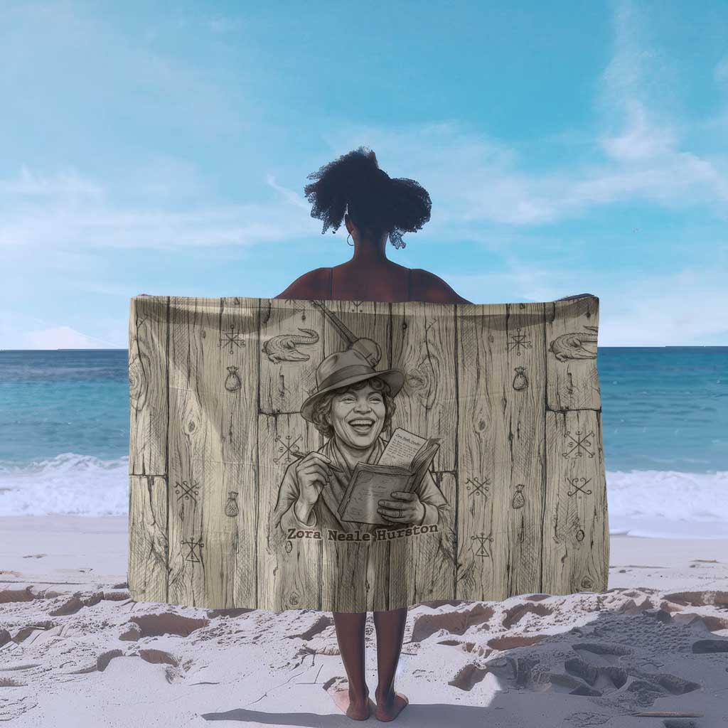 Zora Neale Hurston Sarong Rustic Wood Engraved Style Illustration Joyful Portrait with Book and Map Donkey - African Pride