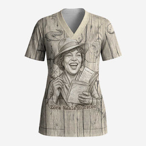 Zora Neale Hurston Scrub Top Rustic Wood Engraved Style Illustration Joyful Portrait with Book and Map Donkey - African Pride