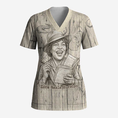 Zora Neale Hurston Scrub Top Rustic Wood Engraved Style Illustration Joyful Portrait with Book and Map Donkey - African Pride