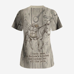 Zora Neale Hurston Scrub Top Rustic Wood Engraved Style Illustration Joyful Portrait with Book and Map Donkey - African Pride