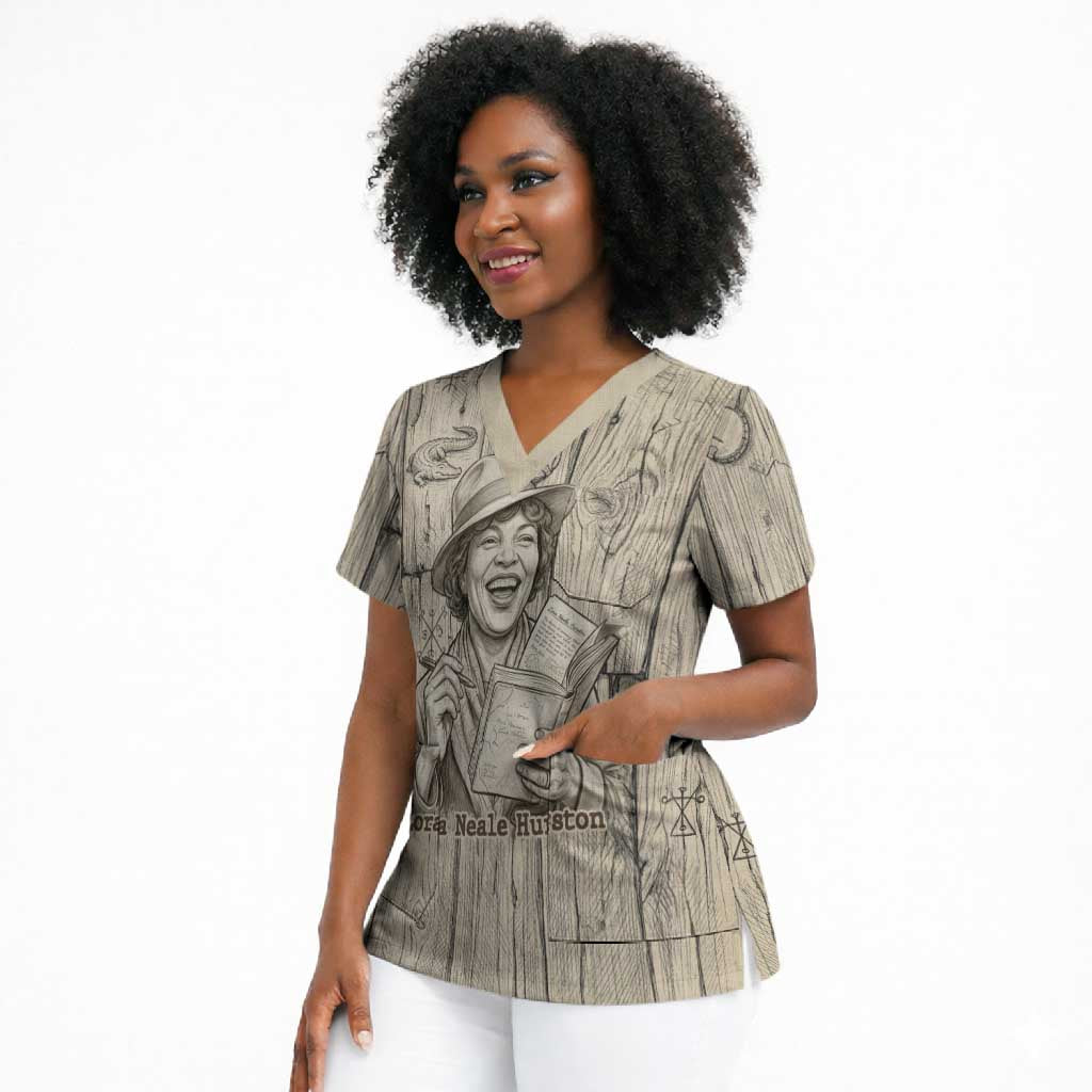 Zora Neale Hurston Scrub Top Rustic Wood Engraved Style Illustration Joyful Portrait with Book and Map Donkey - African Pride