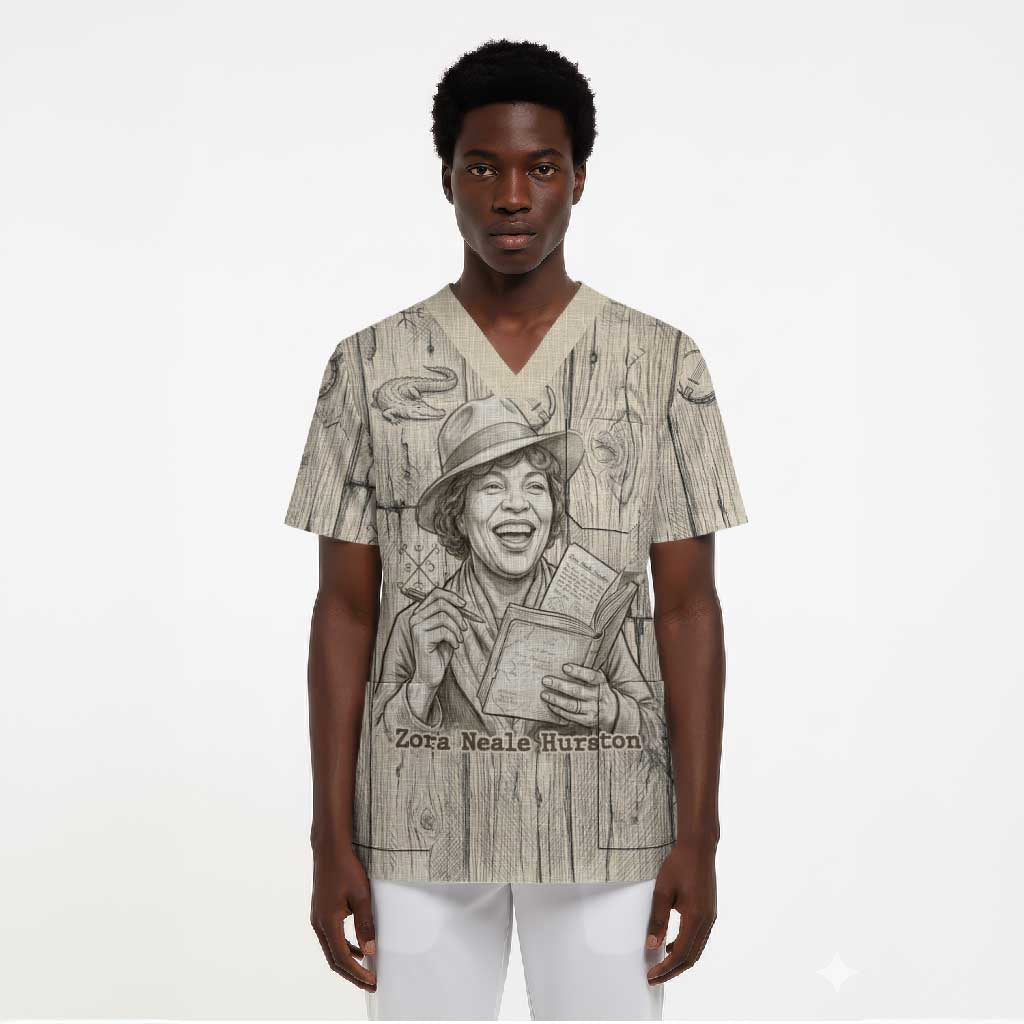 Zora Neale Hurston Scrub Top Rustic Wood Engraved Style Illustration Joyful Portrait with Book and Map Donkey - African Pride