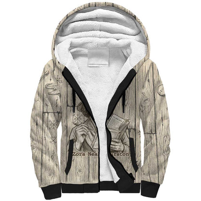 Zora Neale Hurston Sherpa Hoodie Rustic Wood Engraved Style Illustration Joyful Portrait with Book and Map Donkey - African Pride
