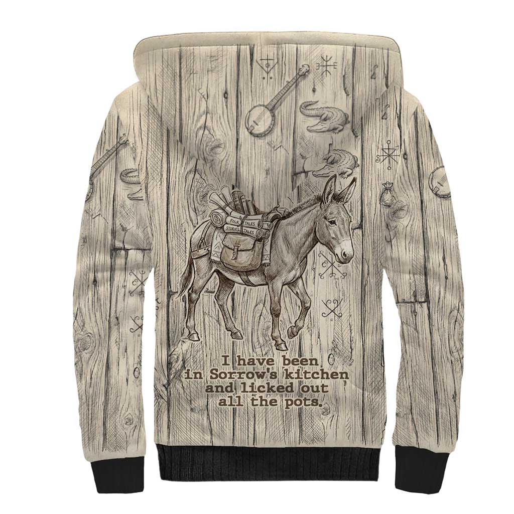 Zora Neale Hurston Sherpa Hoodie Rustic Wood Engraved Style Illustration Joyful Portrait with Book and Map Donkey - African Pride