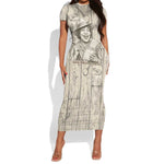 Zora Neale Hurston Short Sleeve Bodycon Dress Rustic Wood Engraved Style Illustration Joyful Portrait with Book and Map Donkey - African Pride