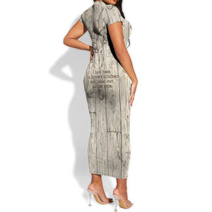 Zora Neale Hurston Short Sleeve Bodycon Dress Rustic Wood Engraved Style Illustration Joyful Portrait with Book and Map Donkey - African Pride