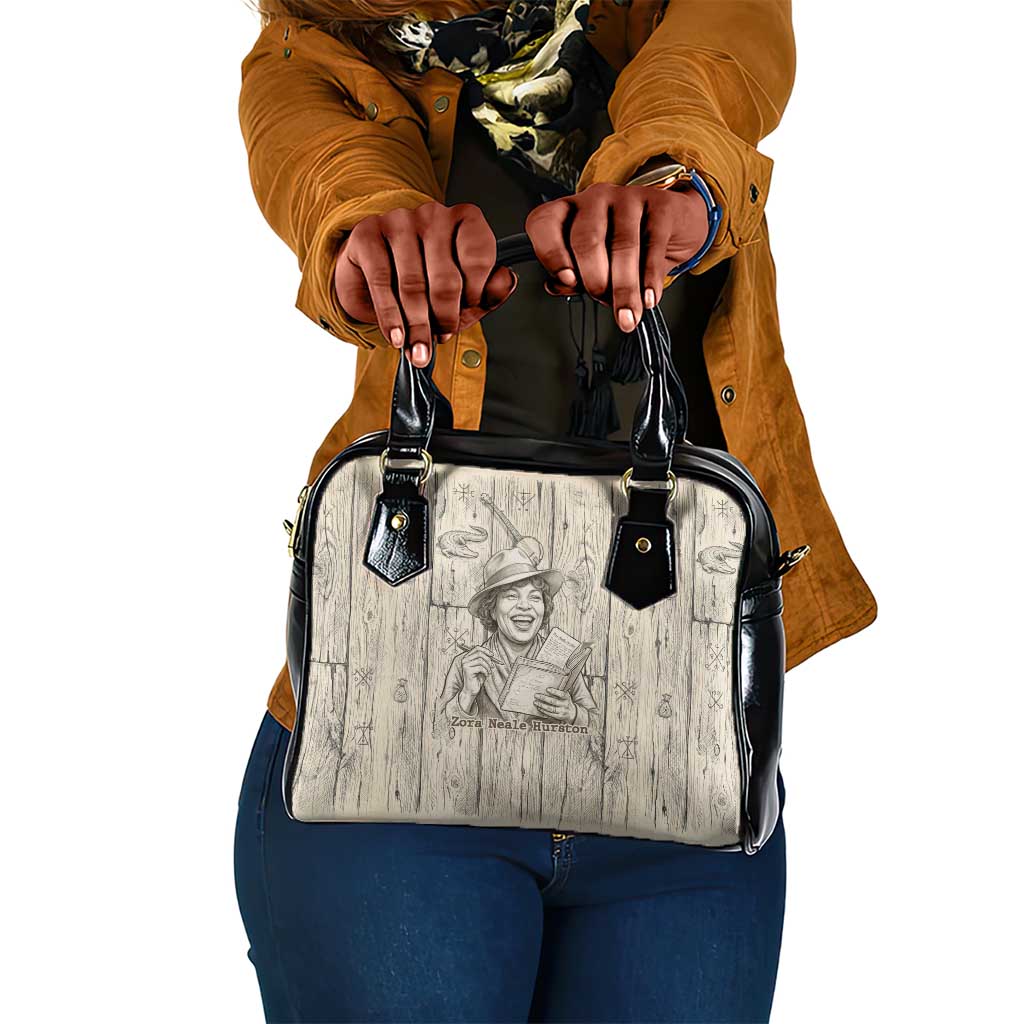 Zora Neale Hurston Shoulder Handbag Rustic Wood Engraved Style Illustration Joyful Portrait with Book and Map Donkey - African Pride