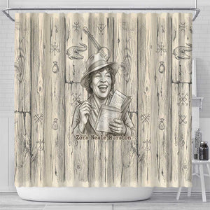 Zora Neale Hurston Shower Curtain Rustic Wood Engraved Style Illustration Joyful Portrait with Book and Map Donkey - African Pride