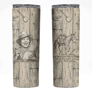 Zora Neale Hurston Skinny Tumbler Rustic Wood Engraved Style Illustration Joyful Portrait with Book and Map Donkey - African Pride