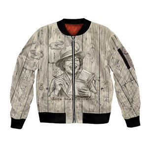Zora Neale Hurston Sleeve Zip Bomber Jacket Rustic Wood Engraved Style Illustration Joyful Portrait with Book and Map Donkey - African Pride