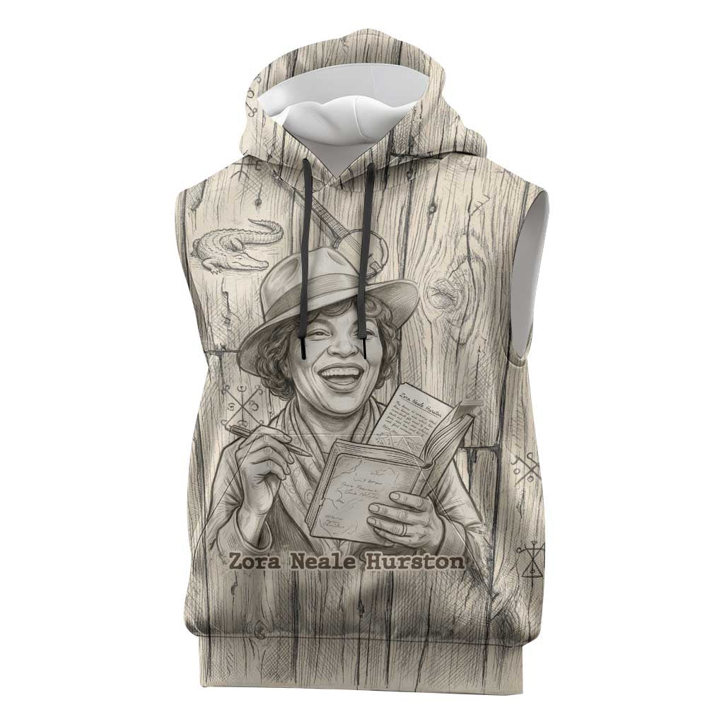 Zora Neale Hurston Sleeveless Hoodie Rustic Wood Engraved Style Illustration Joyful Portrait with Book and Map Donkey - African Pride