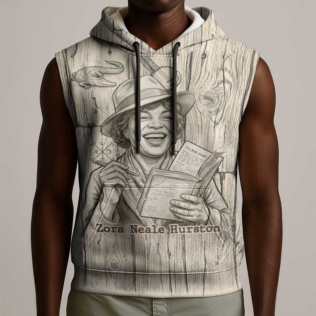 Zora Neale Hurston Sleeveless Hoodie Rustic Wood Engraved Style Illustration Joyful Portrait with Book and Map Donkey - African Pride
