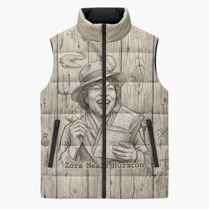 Zora Neale Hurston Sleeveless Puffer Jacket Rustic Wood Engraved Style Illustration Joyful Portrait with Book and Map Donkey - African Pride