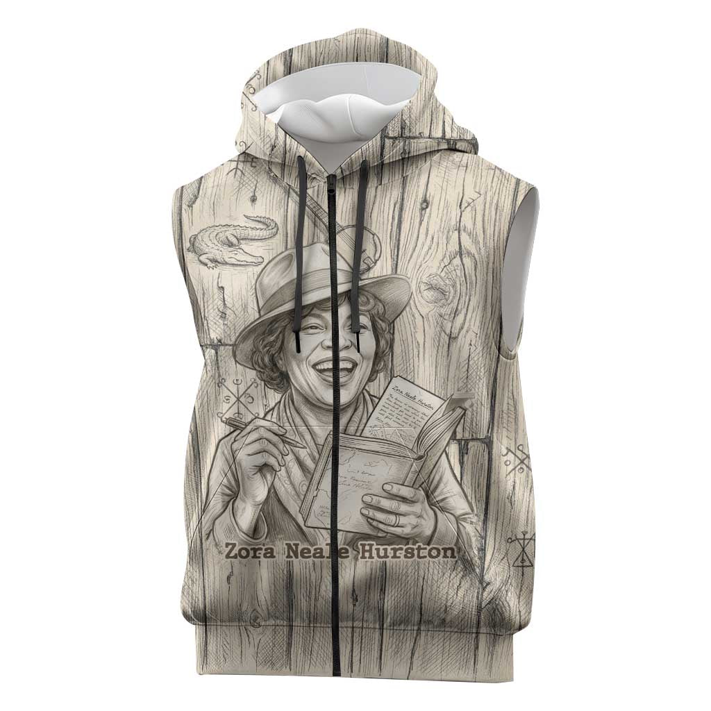 Zora Neale Hurston Sleeveless Zip Hoodie Rustic Wood Engraved Style Illustration Joyful Portrait with Book and Map Donkey - African Pride