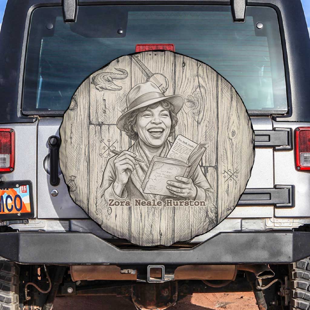 Zora Neale Hurston Spare Tire Cover Rustic Wood Engraved Style Illustration Joyful Portrait with Book and Map Donkey - African Pride