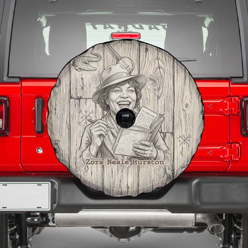 Zora Neale Hurston Spare Tire Cover Rustic Wood Engraved Style Illustration Joyful Portrait with Book and Map Donkey - African Pride