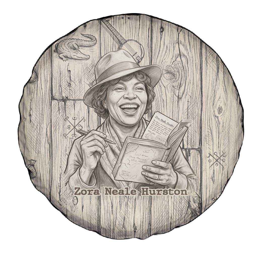 Zora Neale Hurston Spare Tire Cover Rustic Wood Engraved Style Illustration Joyful Portrait with Book and Map Donkey - African Pride