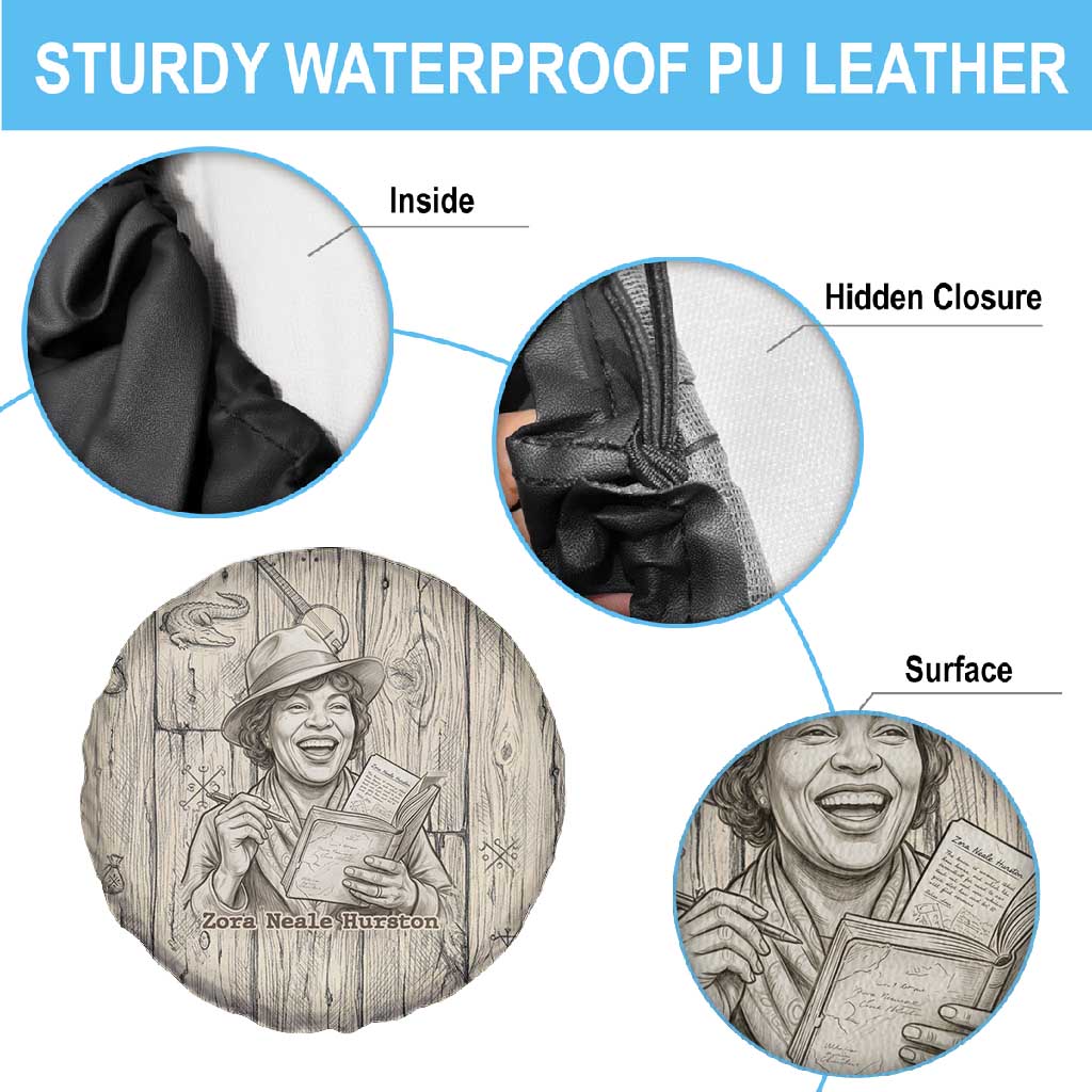 Zora Neale Hurston Spare Tire Cover Rustic Wood Engraved Style Illustration Joyful Portrait with Book and Map Donkey - African Pride