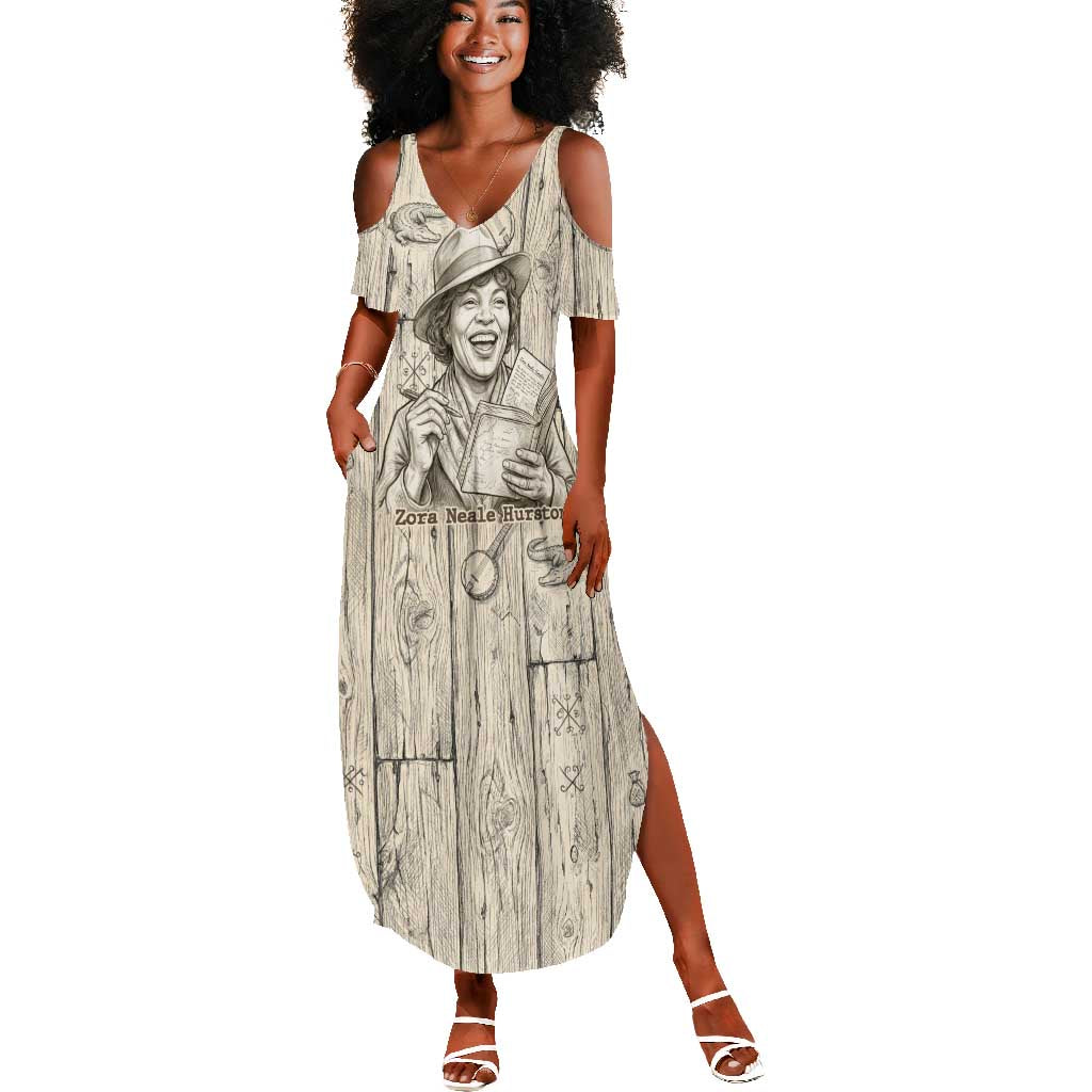Zora Neale Hurston Summer Maxi Dress Rustic Wood Engraved Style Illustration Joyful Portrait with Book and Map Donkey - African Pride