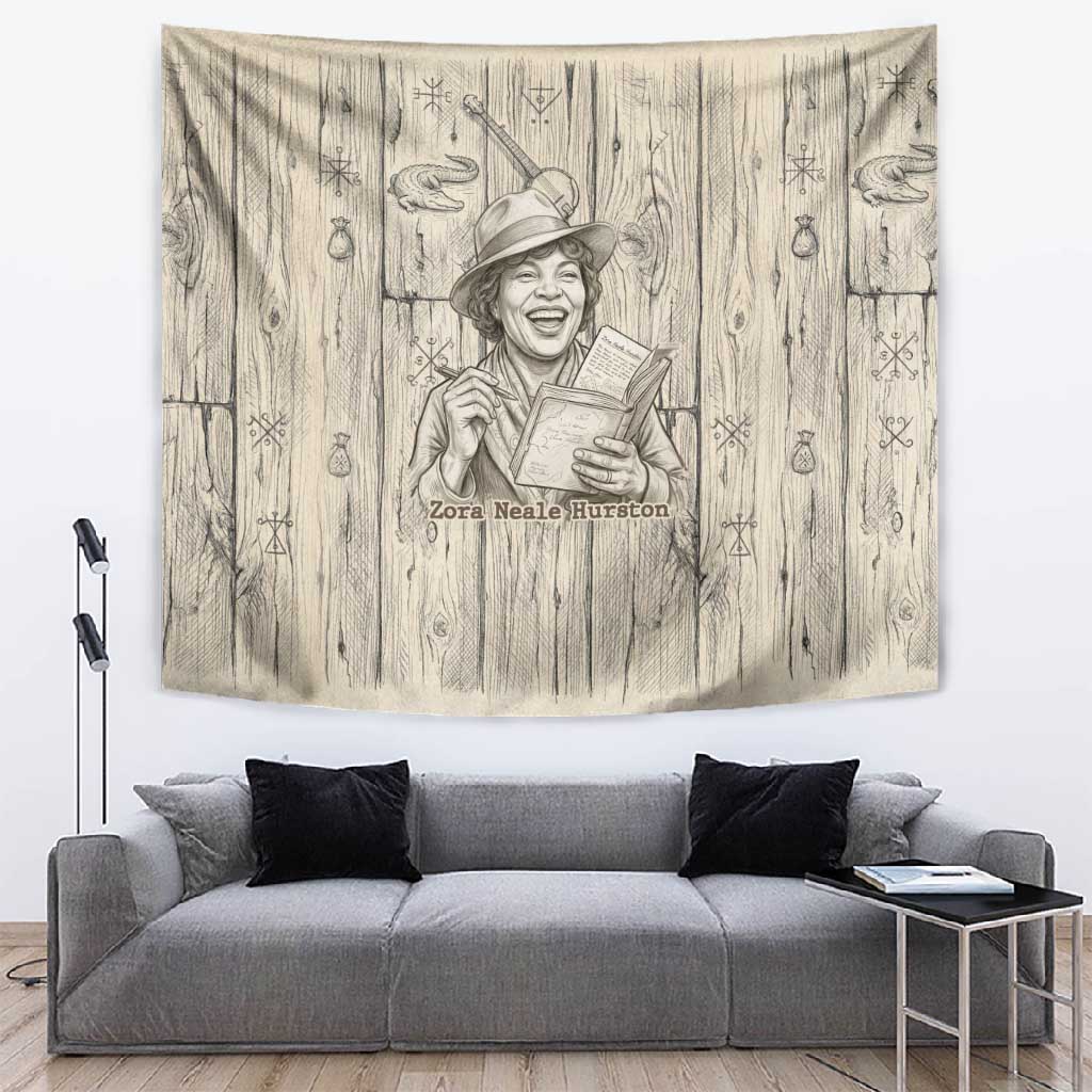 Zora Neale Hurston Tapestry Rustic Wood Engraved Style Illustration Joyful Portrait with Book and Map Donkey - African Pride