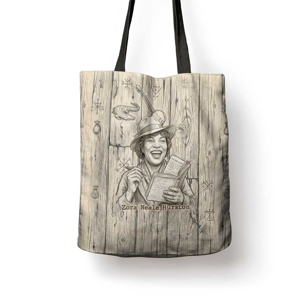 Zora Neale Hurston Tote Bag Rustic Wood Engraved Style Illustration Joyful Portrait with Book and Map Donkey - African Pride