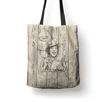 Zora Neale Hurston Tote Bag Rustic Wood Engraved Style Illustration Joyful Portrait with Book and Map Donkey - African Pride