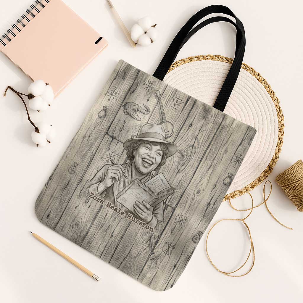 Zora Neale Hurston Tote Bag Rustic Wood Engraved Style Illustration Joyful Portrait with Book and Map Donkey - African Pride