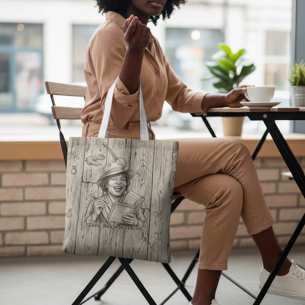 Zora Neale Hurston Tote Bag Rustic Wood Engraved Style Illustration Joyful Portrait with Book and Map Donkey - African Pride