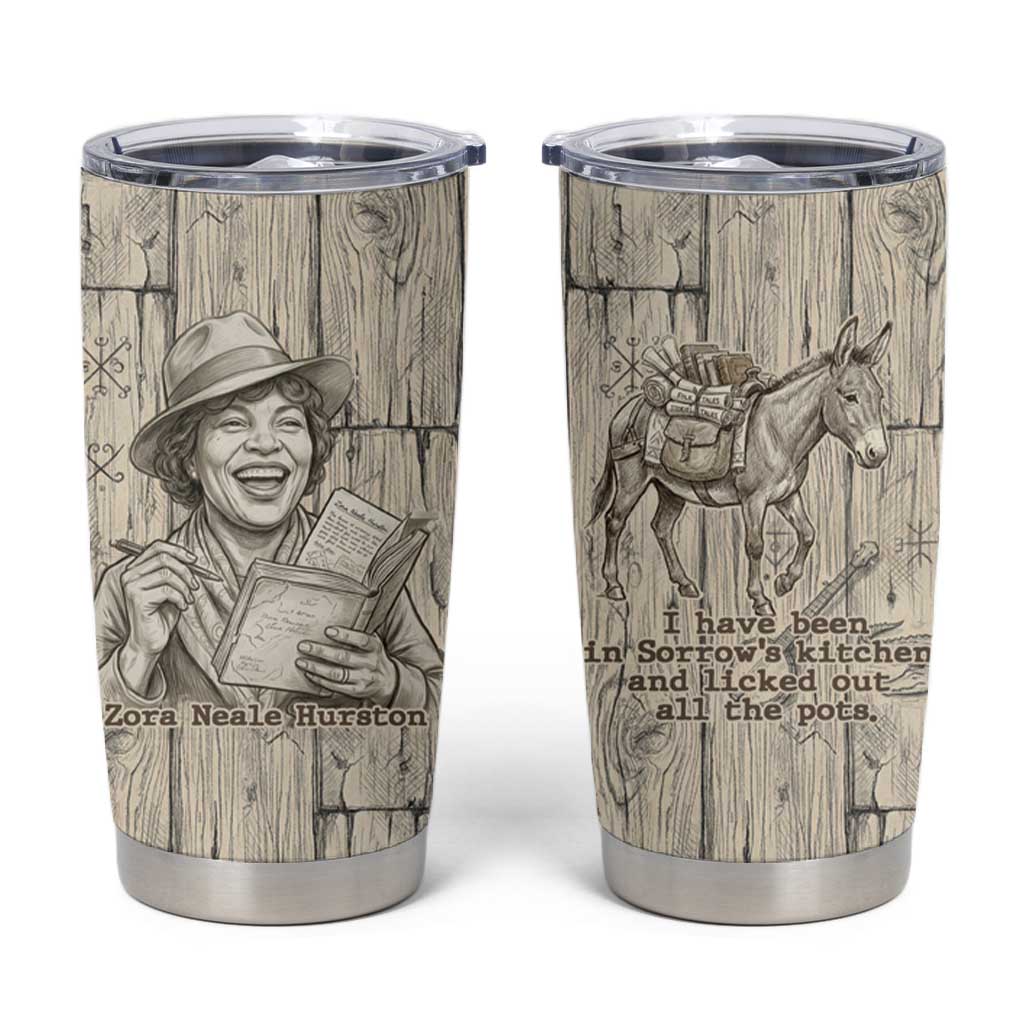 Zora Neale Hurston Tumbler Cup Rustic Wood Engraved Style Illustration Joyful Portrait with Book and Map Donkey - African Pride
