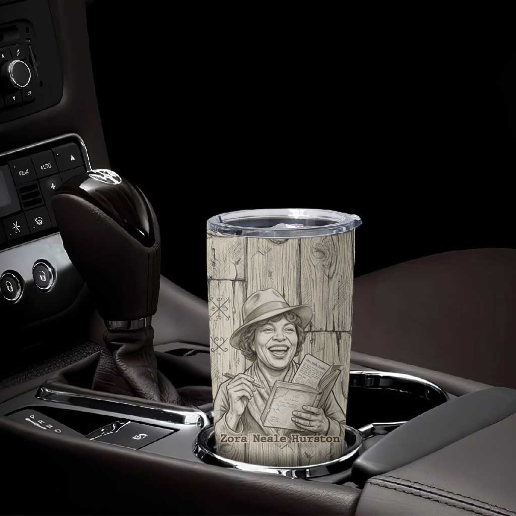 Zora Neale Hurston Tumbler Cup Rustic Wood Engraved Style Illustration Joyful Portrait with Book and Map Donkey - African Pride