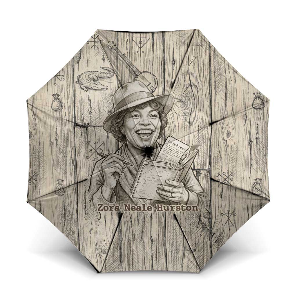 Zora Neale Hurston Umbrella Rustic Wood Engraved Style Illustration Joyful Portrait with Book and Map Donkey - African Pride