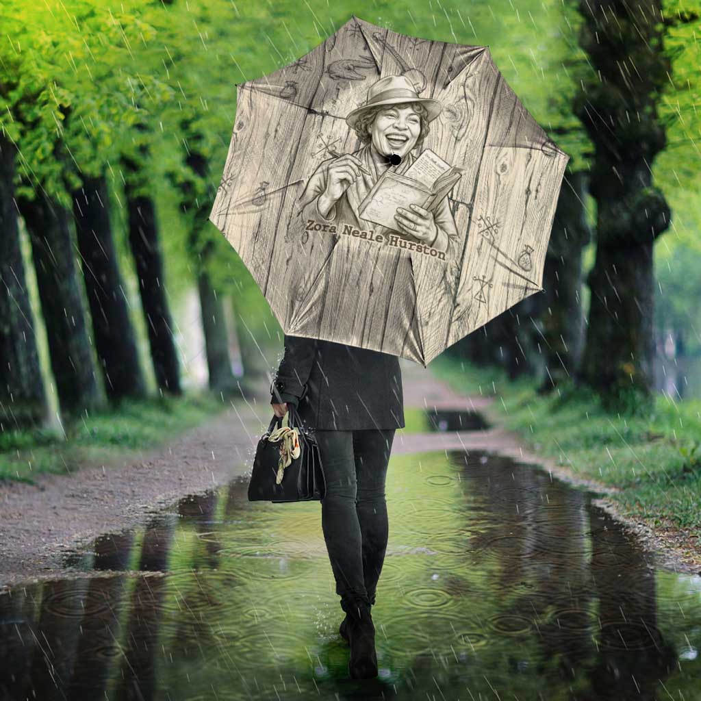 Zora Neale Hurston Umbrella Rustic Wood Engraved Style Illustration Joyful Portrait with Book and Map Donkey - African Pride