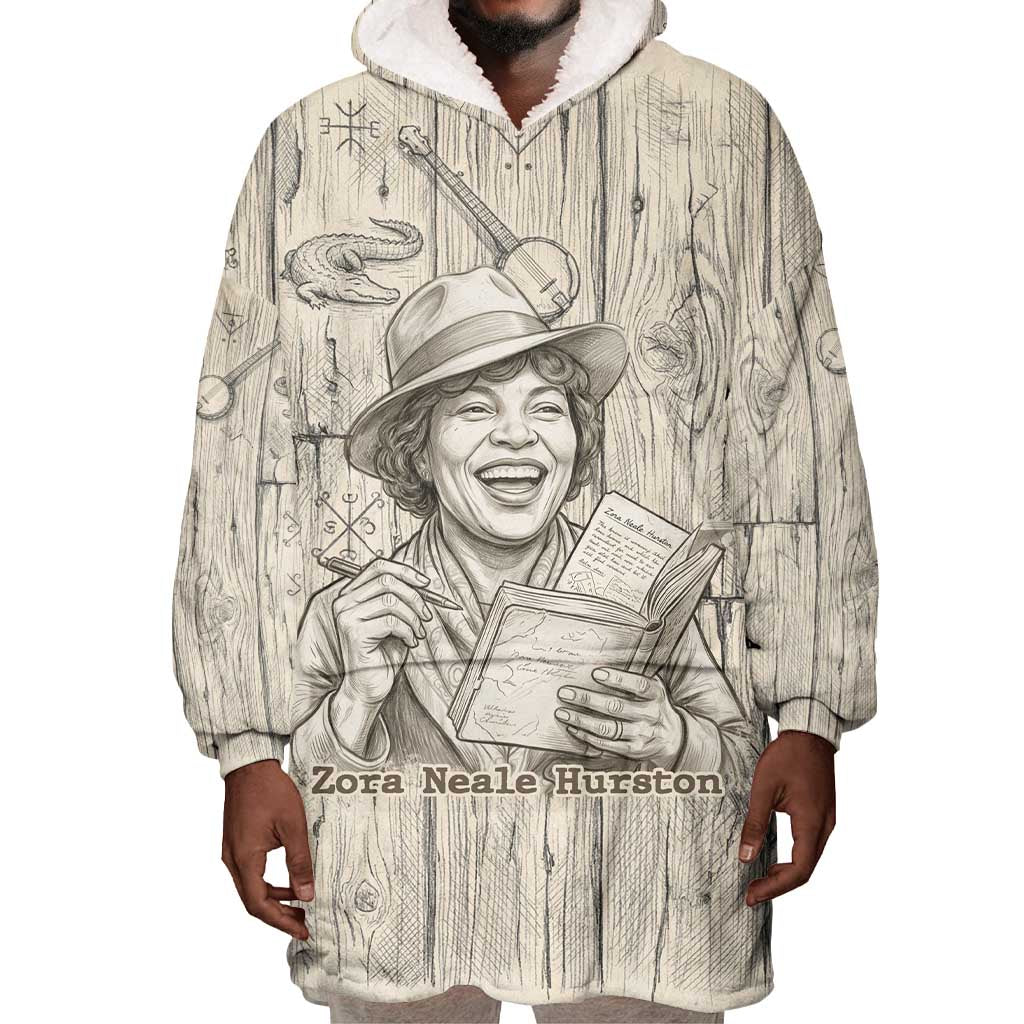 Zora Neale Hurston Wearable Blanket Hoodie Rustic Wood Engraved Style Illustration Joyful Portrait with Book and Map Donkey - African Pride