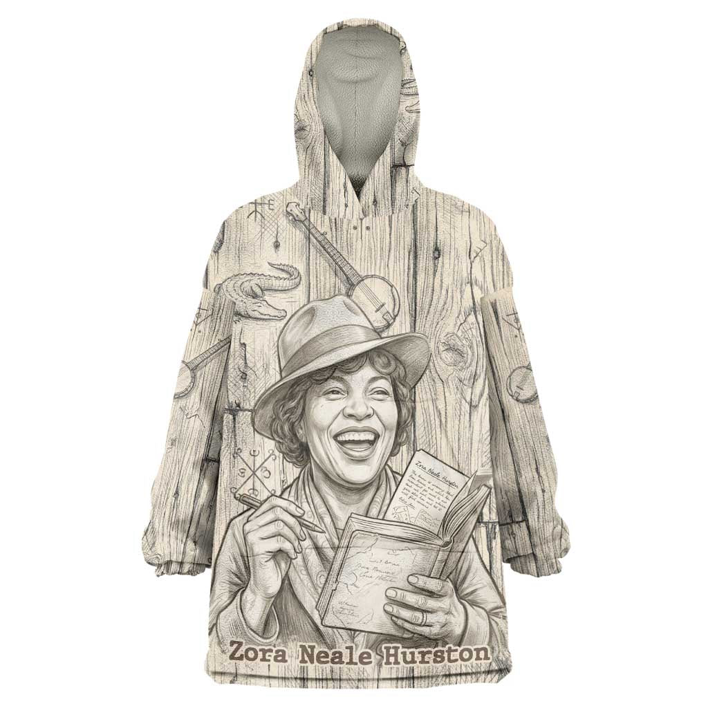 Zora Neale Hurston Wearable Blanket Hoodie Rustic Wood Engraved Style Illustration Joyful Portrait with Book and Map Donkey - African Pride
