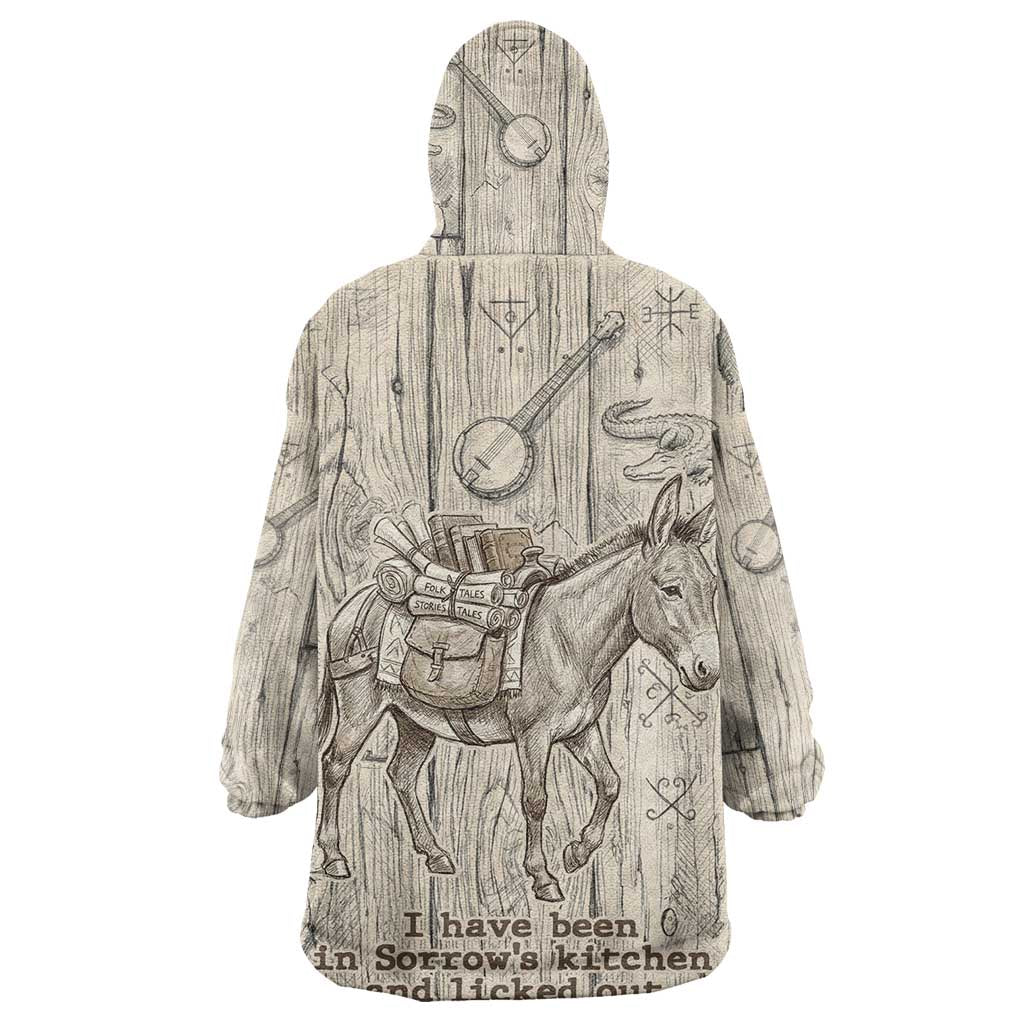Zora Neale Hurston Wearable Blanket Hoodie Rustic Wood Engraved Style Illustration Joyful Portrait with Book and Map Donkey - African Pride