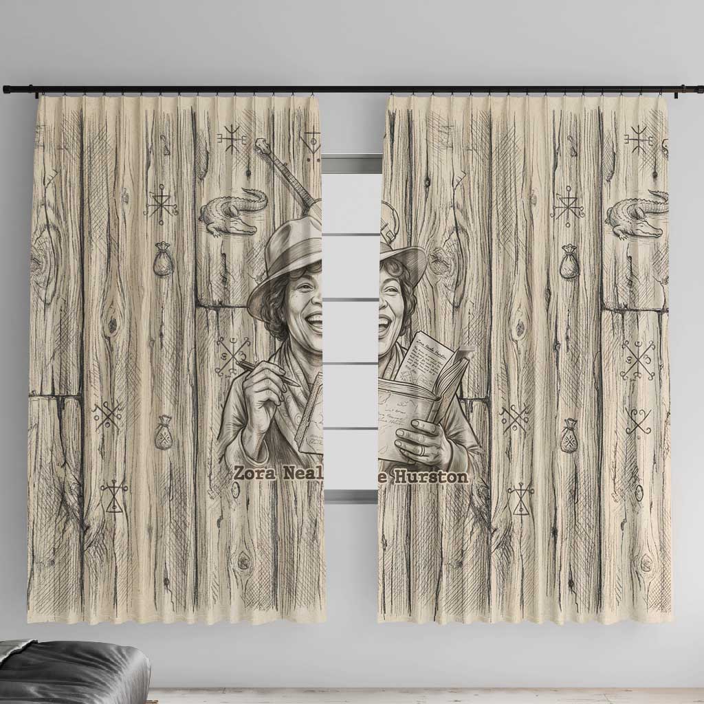 Zora Neale Hurston Window Curtain Rustic Wood Engraved Style Illustration Joyful Portrait with Book and Map Donkey - African Pride