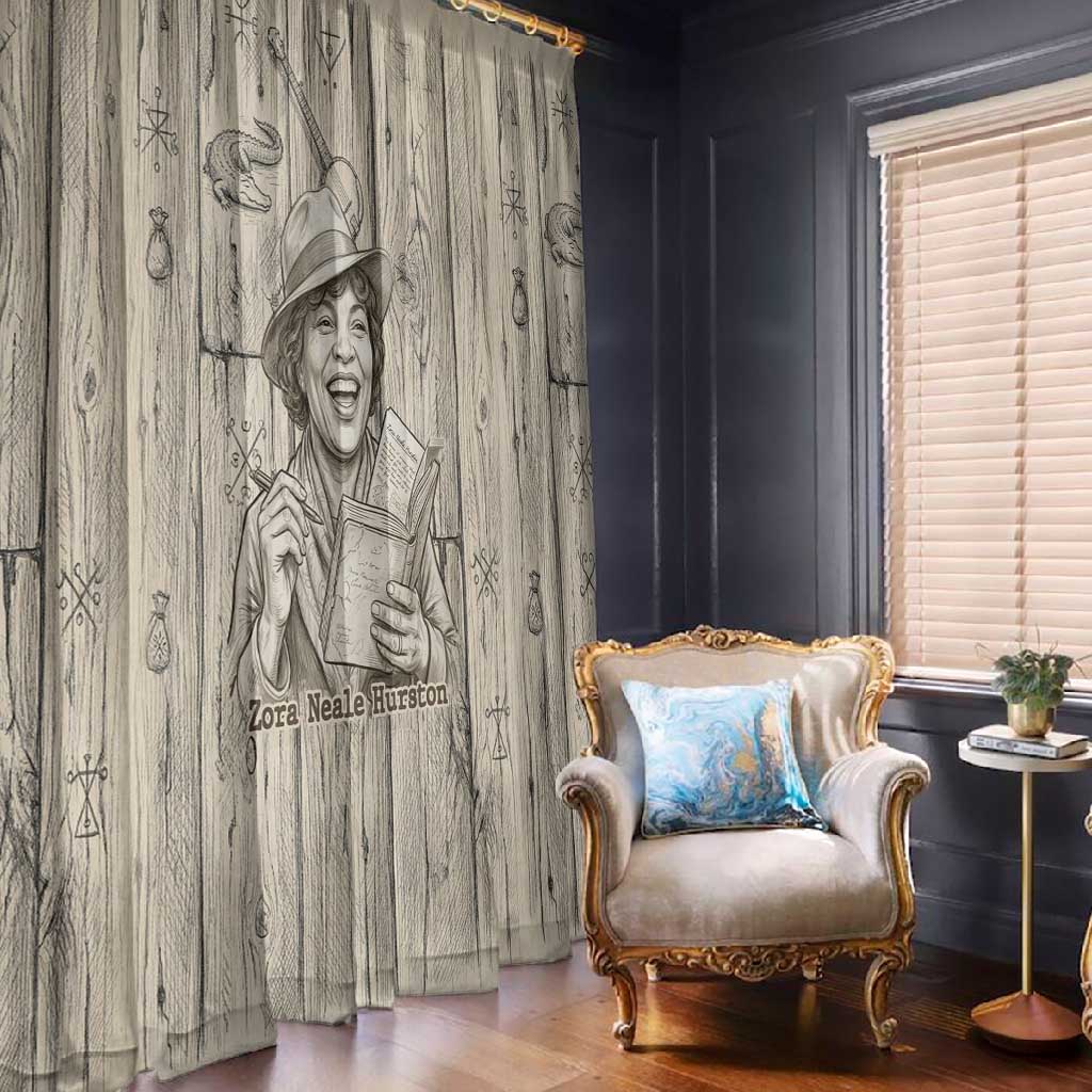 Zora Neale Hurston Window Curtain Rustic Wood Engraved Style Illustration Joyful Portrait with Book and Map Donkey - African Pride