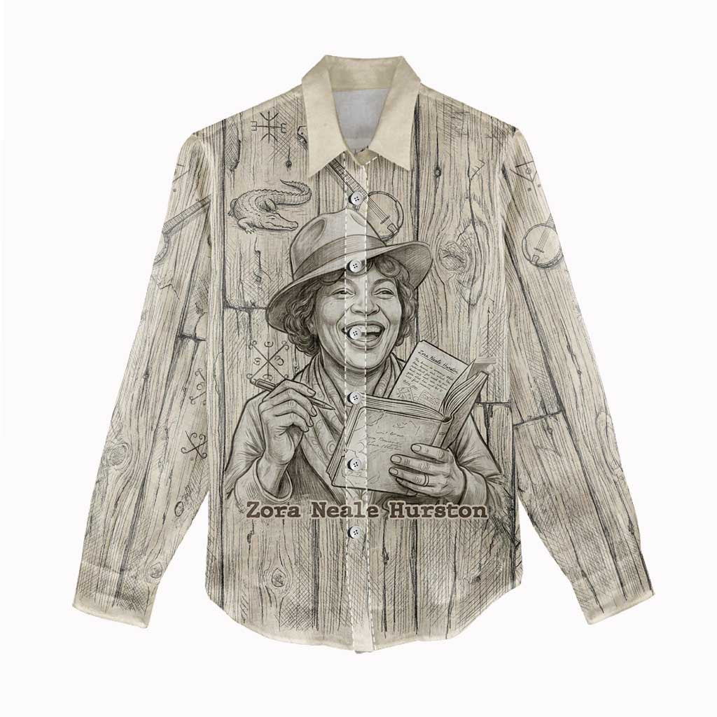 Zora Neale Hurston Women Casual Shirt Rustic Wood Engraved Style Illustration Joyful Portrait with Book and Map Donkey - African Pride