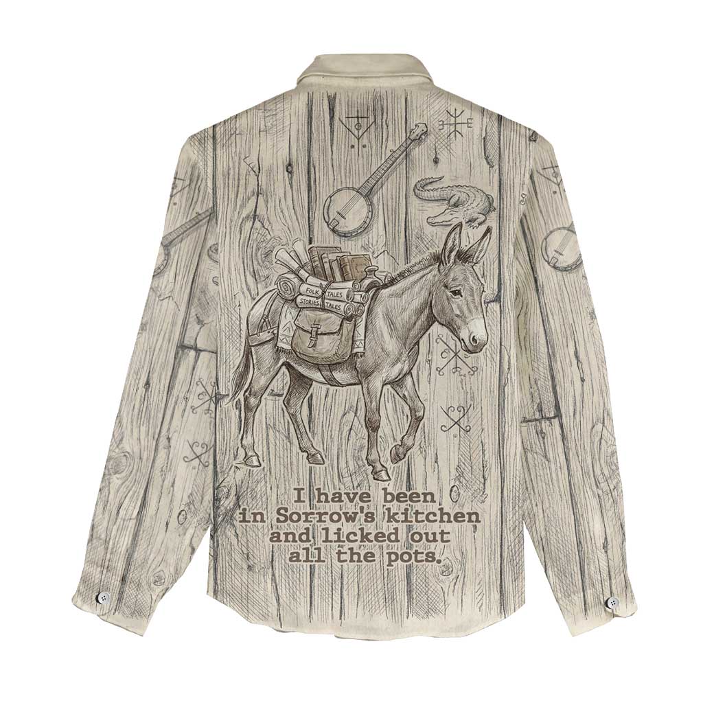 Zora Neale Hurston Women Casual Shirt Rustic Wood Engraved Style Illustration Joyful Portrait with Book and Map Donkey - African Pride