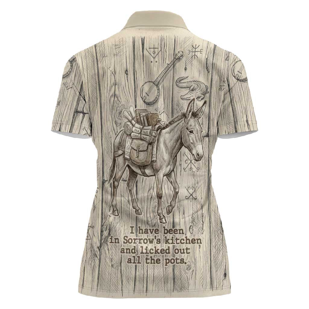 Zora Neale Hurston Women Polo Shirt Rustic Wood Engraved Style Illustration Joyful Portrait with Book and Map Donkey - African Pride