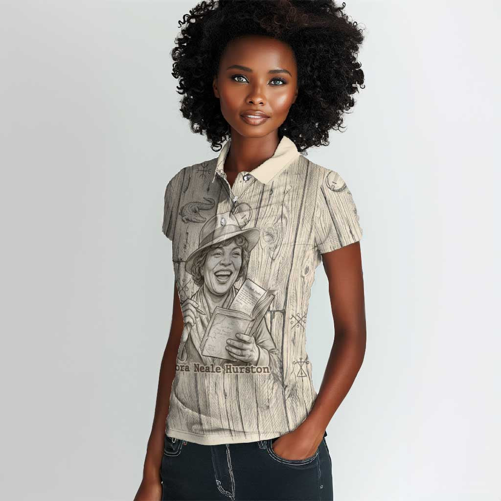Zora Neale Hurston Women Polo Shirt Rustic Wood Engraved Style Illustration Joyful Portrait with Book and Map Donkey - African Pride