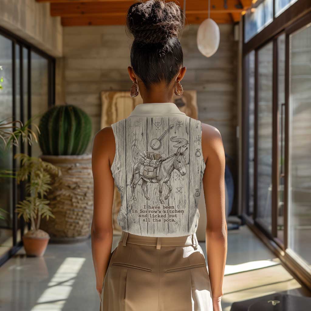 Zora Neale Hurston Women Sleeveless Polo Shirt Rustic Wood Engraved Style Illustration Joyful Portrait with Book and Map Donkey - African Pride