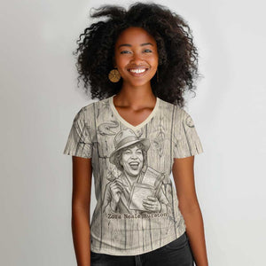 Zora Neale Hurston Women V-Neck T-Shirt Rustic Wood Engraved Style Illustration Joyful Portrait with Book and Map Donkey - African Pride