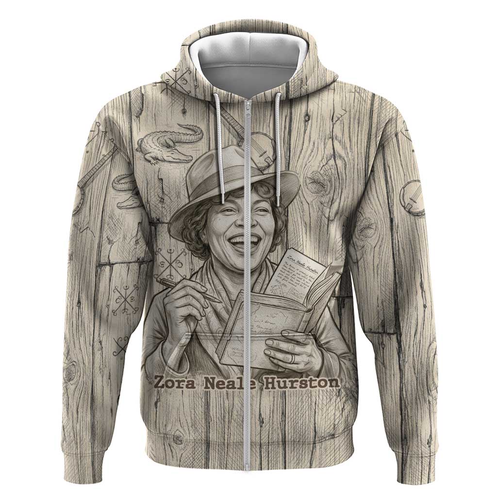 Zora Neale Hurston Zip Hoodie Rustic Wood Engraved Style Illustration Joyful Portrait with Book and Map Donkey - African Pride