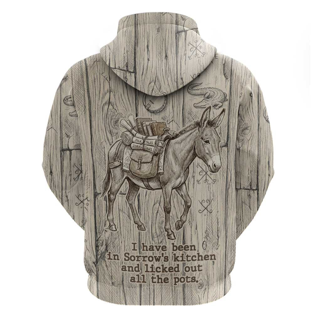 Zora Neale Hurston Zip Hoodie Rustic Wood Engraved Style Illustration Joyful Portrait with Book and Map Donkey - African Pride