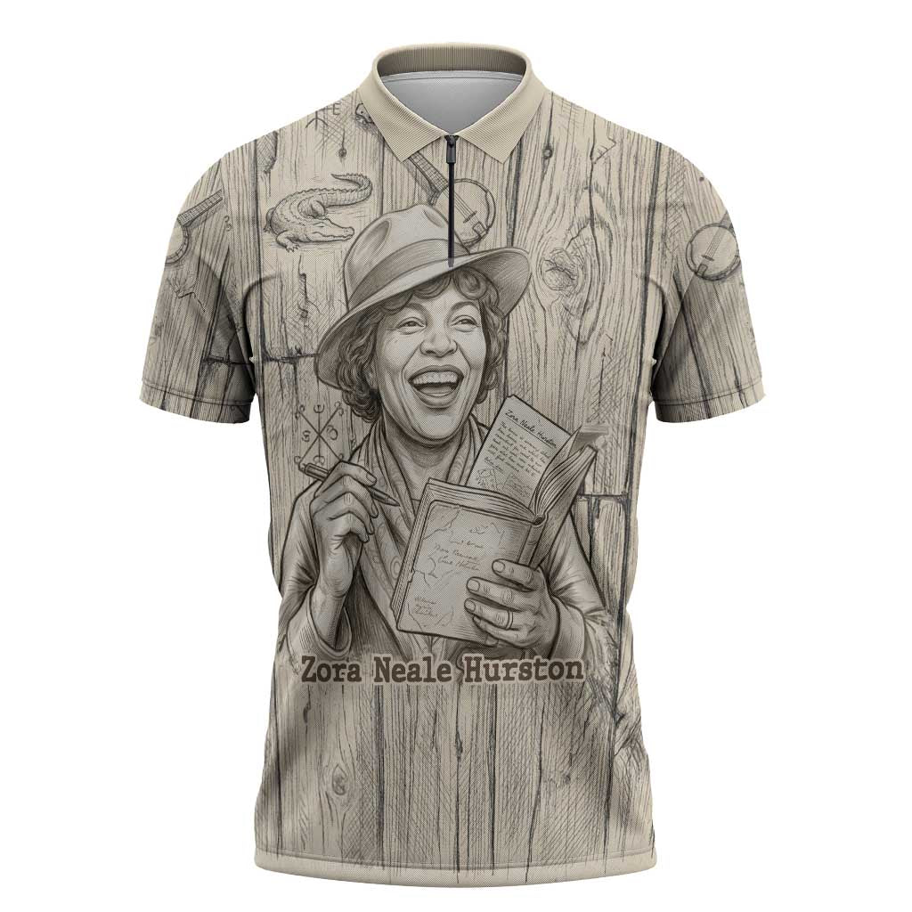Zora Neale Hurston Zipper Polo Shirt Rustic Wood Engraved Style Illustration Joyful Portrait with Book and Map Donkey - African Pride