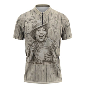 Zora Neale Hurston Zipper Polo Shirt Rustic Wood Engraved Style Illustration Joyful Portrait with Book and Map Donkey - African Pride