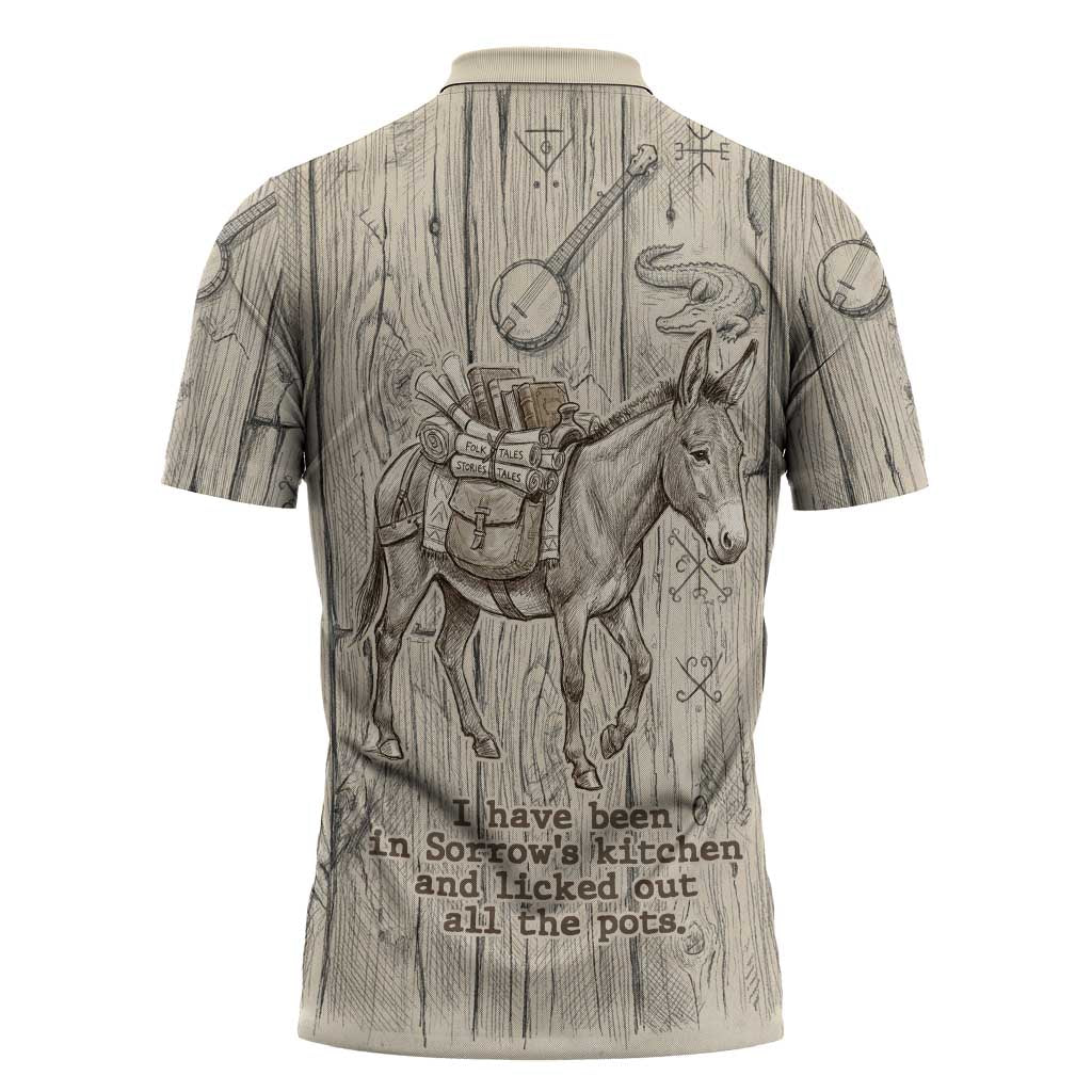 Zora Neale Hurston Zipper Polo Shirt Rustic Wood Engraved Style Illustration Joyful Portrait with Book and Map Donkey - African Pride