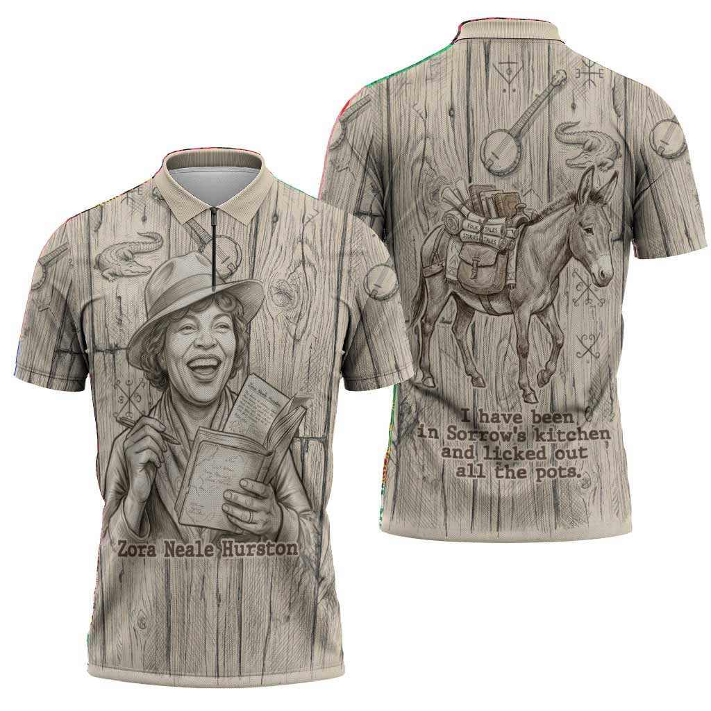 Zora Neale Hurston Zipper Polo Shirt Rustic Wood Engraved Style Illustration Joyful Portrait with Book and Map Donkey - African Pride